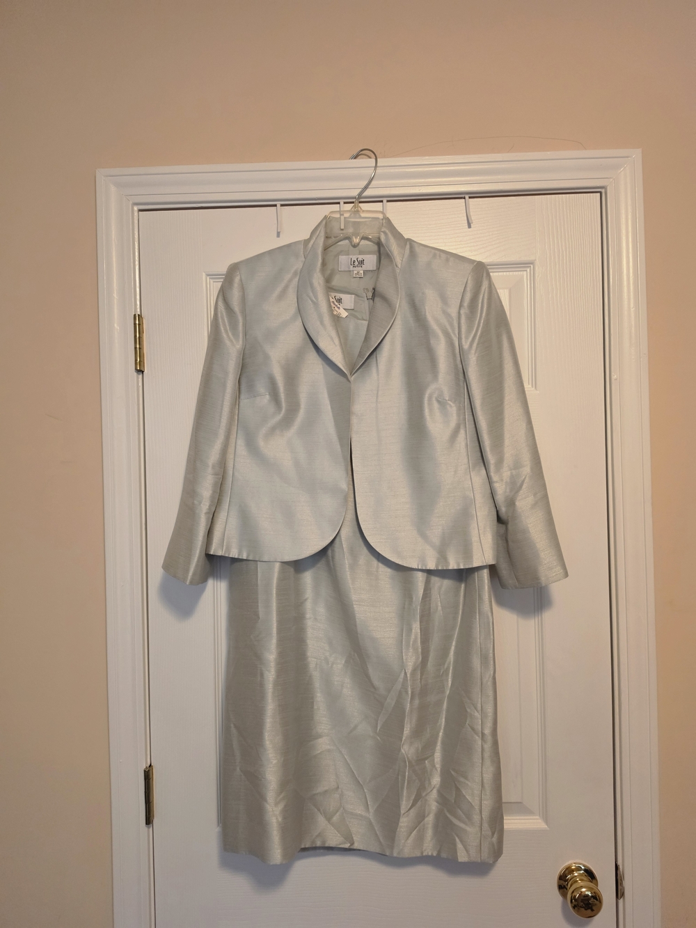 Le Suit Silver Satin Two-Piece Blazer and Dress Set